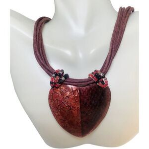 Women’s Oversized Pink Brown Heart Pendant 6 Tier Corded Vintage Necklace 21”